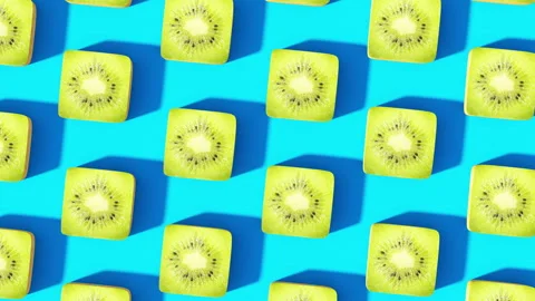 4K Animation of Sliced Cube Kiwi Fruit on Blue Background Stock Footage 127103065