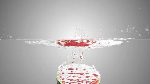 4K Animation of Sliced Watermelon Falling into Water with Splashes Stock Footage 127784285