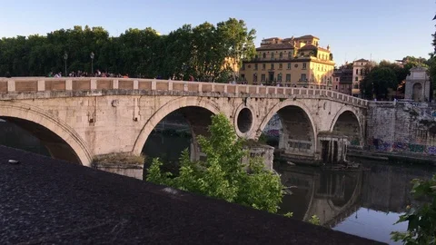 4K Arched Bridge Spanning The Tiber River In Rome, Italy Stock-Footage 100936787