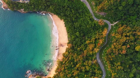 4K Areal drone top down view of curves of coastal road Phuket Thailand beauti Stock Footage 157114183
