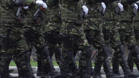 4K Armed officer unit battalion walking anti conflict training by day navy risk Stock Footage 78783378