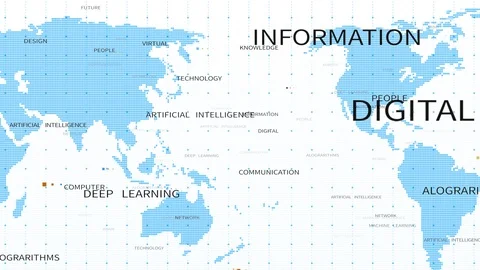 4k artificial intelligence word tag cloud,World map dots concept,AI Related Ter Stock Footage 117814634