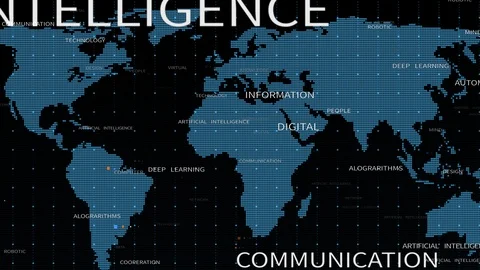 4k artificial intelligence word tag cloud,World map dots concept,AI Related Ter Stock Footage 117814638