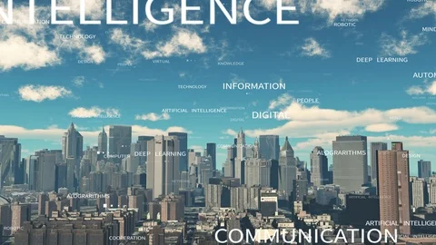 4k artificial intelligence word tag cloud,timelapse cloud fly over urban. Stock Footage 118629379