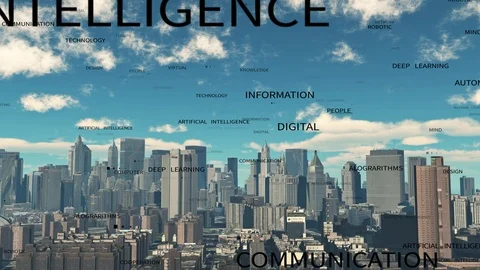 4k artificial intelligence word tag cloud,timelapse cloud fly over urban. Stock Footage 118629444