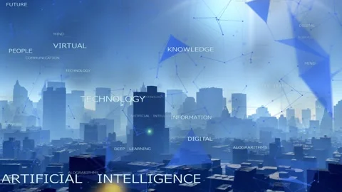 4k artificial intelligence word tag cloud,urban with abstract tech lines nodes. Stock Footage 142982466