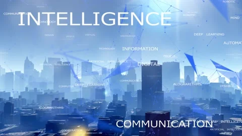 4k artificial intelligence word tag cloud,urban with abstract tech lines nodes. Stock Footage 142982619