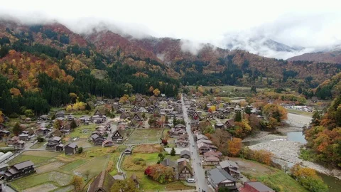 4K ascending aerial footage of the Historic Village of Shirakawa-go Stock Footage