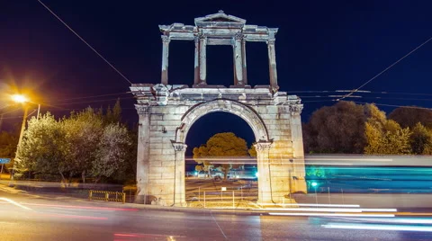 4K Athens, Gate of Hadrian monument, Roman ruins night timelapse Stock Footage 66204366