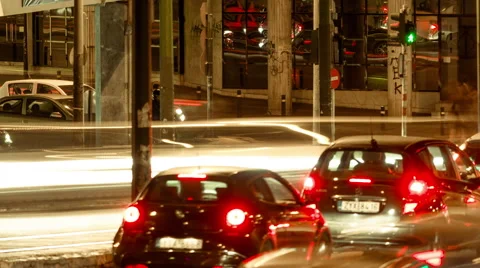 4K Athens night street intersection, traffic, rush hour,traffic jam timelapse Stock Footage 56277872