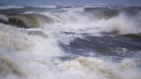 4K - Atlantic storm. Huge waves crash into seashore Stock Footage 142651434