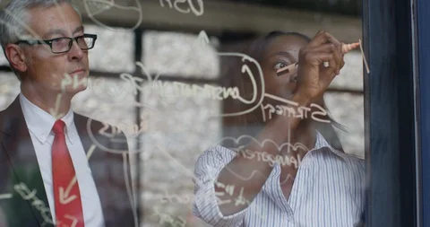 4K Attractive creative business team brainstorming for ideas &amp; writing on glass  Stock Footage 101424302