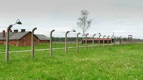 4K Auschwitz Barracks, Concentration Camp, Birkenau Fence, Poland Stock Footage 71652828