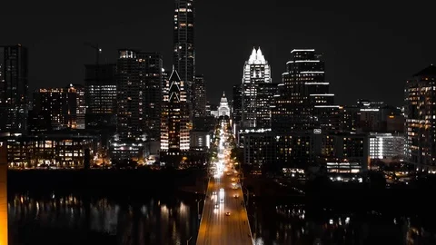4K Austin Night Time Lapse Texas Capitol Building Drone Flying Congress Avenue Stock Footage 126066334