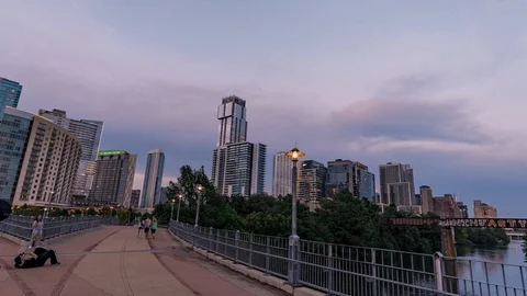 4K Austin Skyline Time Lapse Hyperlapse Lamar Pedestrian Bridge Sunset Stock Footage 113622178