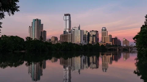 4K Austin Skyline Town Lake Time Lapse Water Reflection Sunset Sunrise Downtown Stock Footage