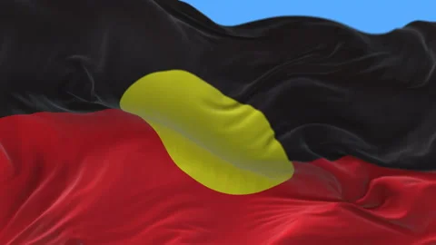 4k Australia ABORIGINES Aboriginal flag seamless slow waving in wind background. Stock Footage