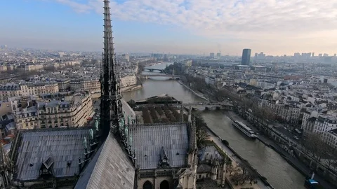 4K, Authentic spire and wood roof of Notre Dame Cathedral from above in 2018-Dan Stock Footage 106908729