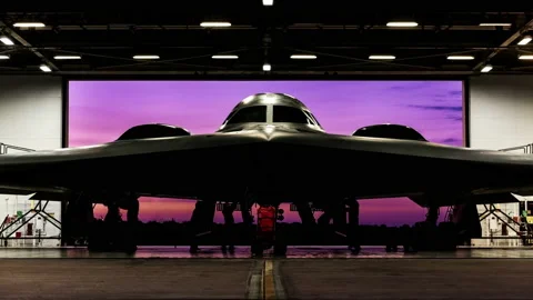 4K - B2 Stealth Bomber in Hangar during Maintenance with a Gorgeous Sky. Stock Footage 148694856