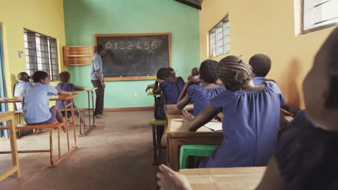 4k of back view of African teacher explaining maths lesson on chalkboard. Stock Footage 199626201