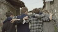 4K Back View Of A Group Of Teen Friends Enjoying A Walk, Hugging Each Other. Stock Footage
