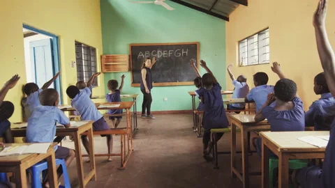 4k back view of school classroom of African students / pupils raising hands to a Stock Footage 199625307