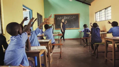 4k back view of school classroom of African students / pupils raising hands to a Видео 199625326