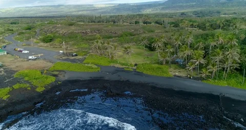 4k backward tracking aerial view of Punaluʻu Beach,Big Island,Hawaii,usa Stock Footage 120702654