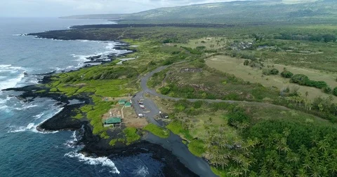 4k backward tracking aerial view of Punaluʻu Beach,Big Island,Hawaii,usa Stock Footage 120764846