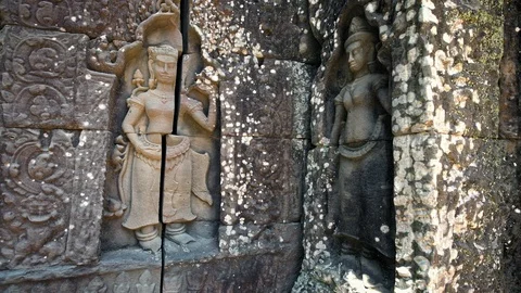 4K, Bas reliefs on the building of Cambodian temple built in city of Angkor-Dan Stock Footage 119058448