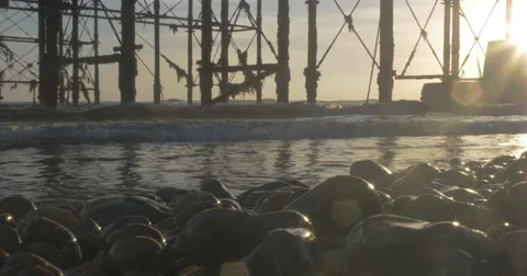 4K | Beach &amp; Brighton Pier at Sunset/Magic Hour Stock Footage 47715811