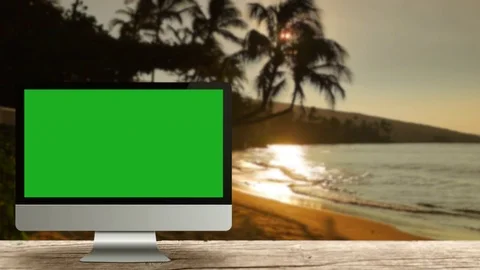 4K Beach Computer Remote Office Desk Background, Business Travel Resort Work Stock Footage 81124681
