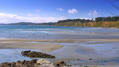 4K Beach Sand Low Tide, Blue Sky and Water, Coast Ocean Nature Landscape Stock Footage 75772397
