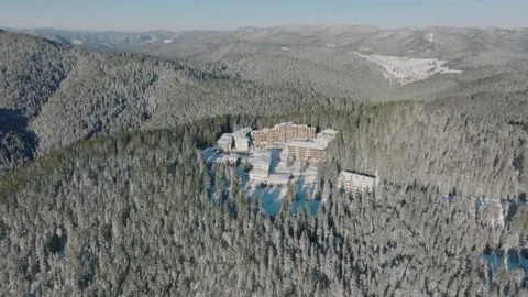 4K Beautiful aerial view of winter Rhodope Mountains and Pamporovo Stock Footage 199407067