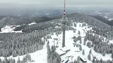 4K Beautiful aerial view of winter Rhodope Mountains and Pamporovo ski resort Stock Footage 199407955