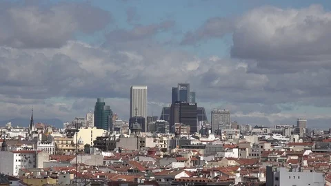 4K Beautiful Madrid cityscape by day financial tower building residential roofs Stock Footage