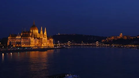 4K beautiful night view of Budapest parliament and castle hill on river Danube Stock Footage 43115545