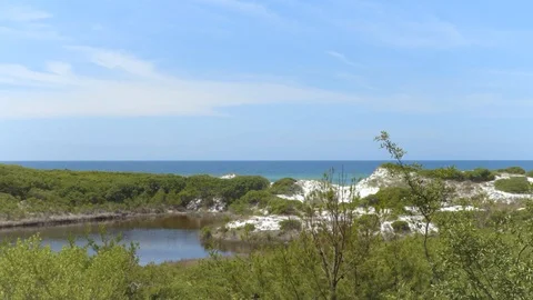 4K Beautiful Ocean View Beyond Dune Surrounded Lake Stock-Footage 109373539