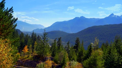 4K Beautiful Panorama Mountain Range Landscape, Fir and Pine Trees, Blue Peaks Video stock 66756163