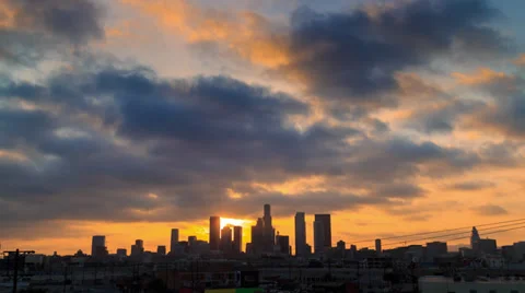 4K. Beautiful sunset over downtown Los Angeles city skyline. Time lapse. Stock Footage 39592969