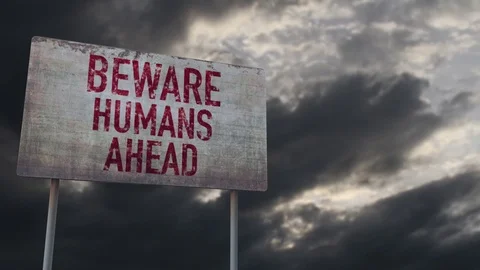 4K Beware Humans Ahead Rusty Sign under Clouds Timelapse 스톡 동영상 77562578