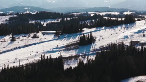 4k Bird Eye View of Mountain Ski Area in Poland on Sunny Day Stock Footage 305671701