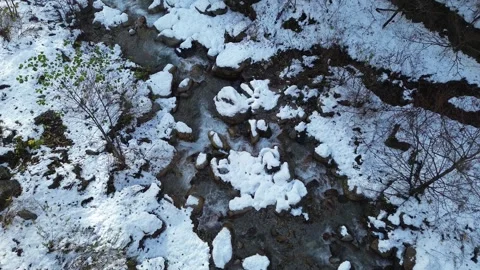 4K Bird Eye View Still Shot above River with Snow during Winter by Drone Stock Footage 257787512