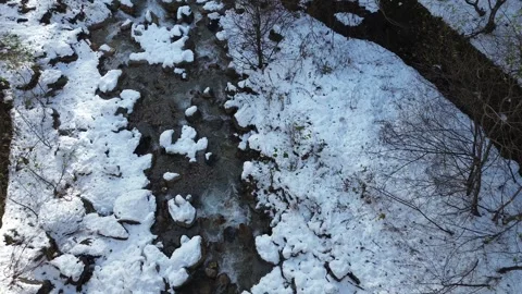 4K Bird Eye View Still Shot River with Snow during Winter by Drone Stock Footage 257787681