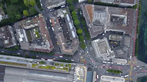 4K Bird view of apartment blocks and streets in downtown of Luzern, Switzerland Stock Footage 113594439