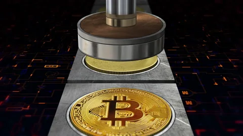 4K - Bitcoin Minting (Stamping) Machine - Cryptocurrency Stock Footage 147163159