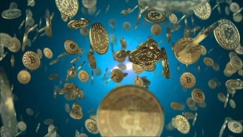 4K Bitcoins are falling on a black background with a depth of field, beautiful 3 Stock Footage 90217683