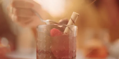 4K Bite of a Chocolate Mousse Desert - raspberry spoon - Eating spoonful of food Видео 257049448