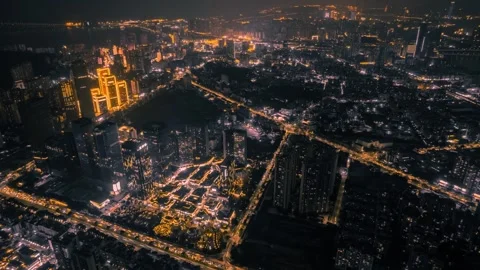 4K Black Gold Tone Timelapse of Panoramic Urban Night Scenery, Zhuhai Guangdong Stockbeeldmateriaal 344678064