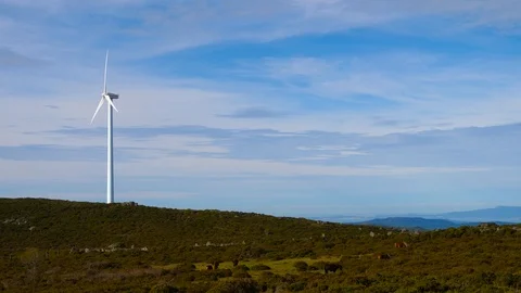 4K, blades of a windmill spinning over a sky full of small white clouds Stock Footage 106929746